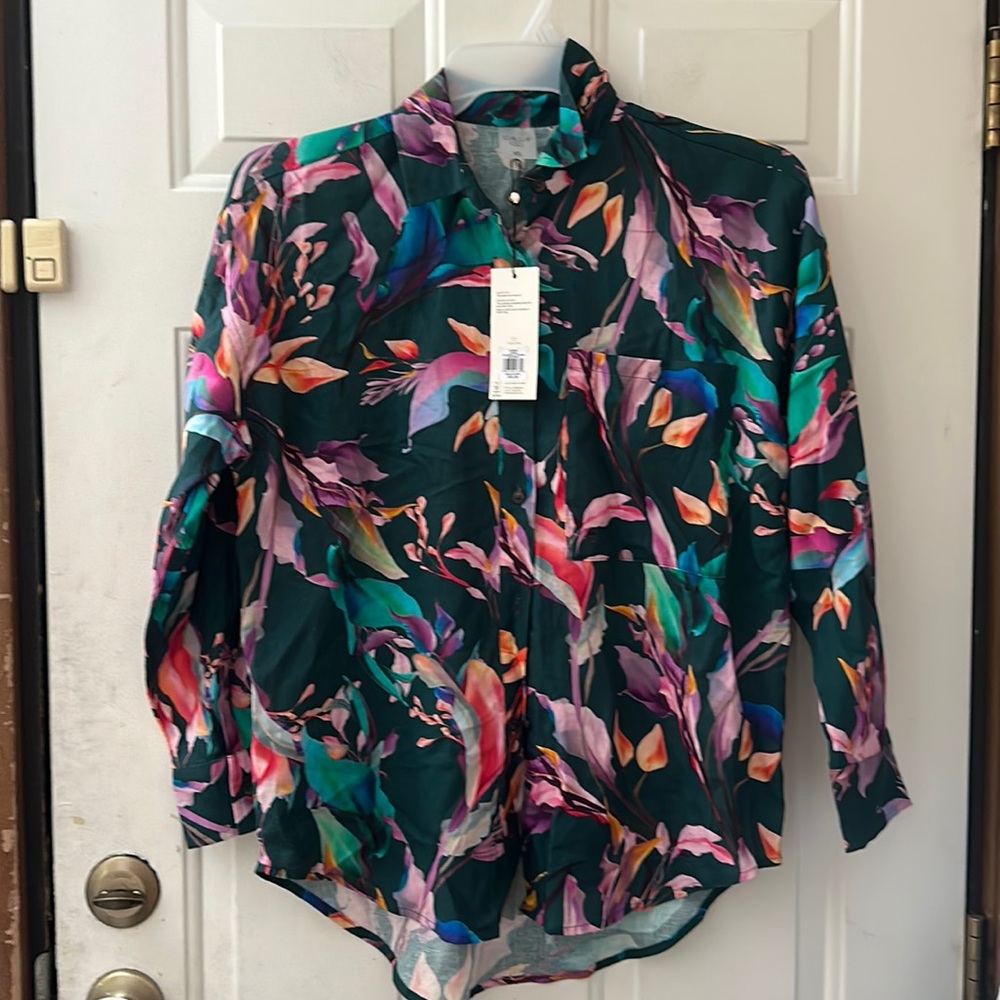 CALIA Oversized Long Sleeve Button Down Cover Up: TROPICAL PRINT: NWT: SIZE XS